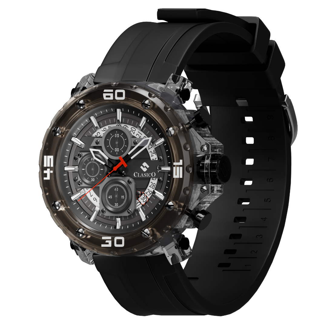 Industrial black Clasicio Shadow Phantom watch showcasing the polished alloy case and textured chronograph pushers.