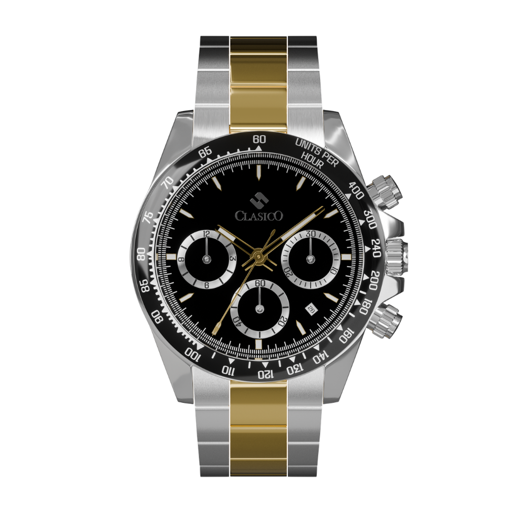 Midnight Steel chronograph watch by Clasicio, featuring a black dial and two-tone stainless steel band from the Astronova Collection.