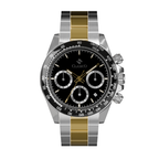 Midnight Steel chronograph watch by Clasicio, featuring a black dial and two-tone stainless steel band from the Astronova Collection.