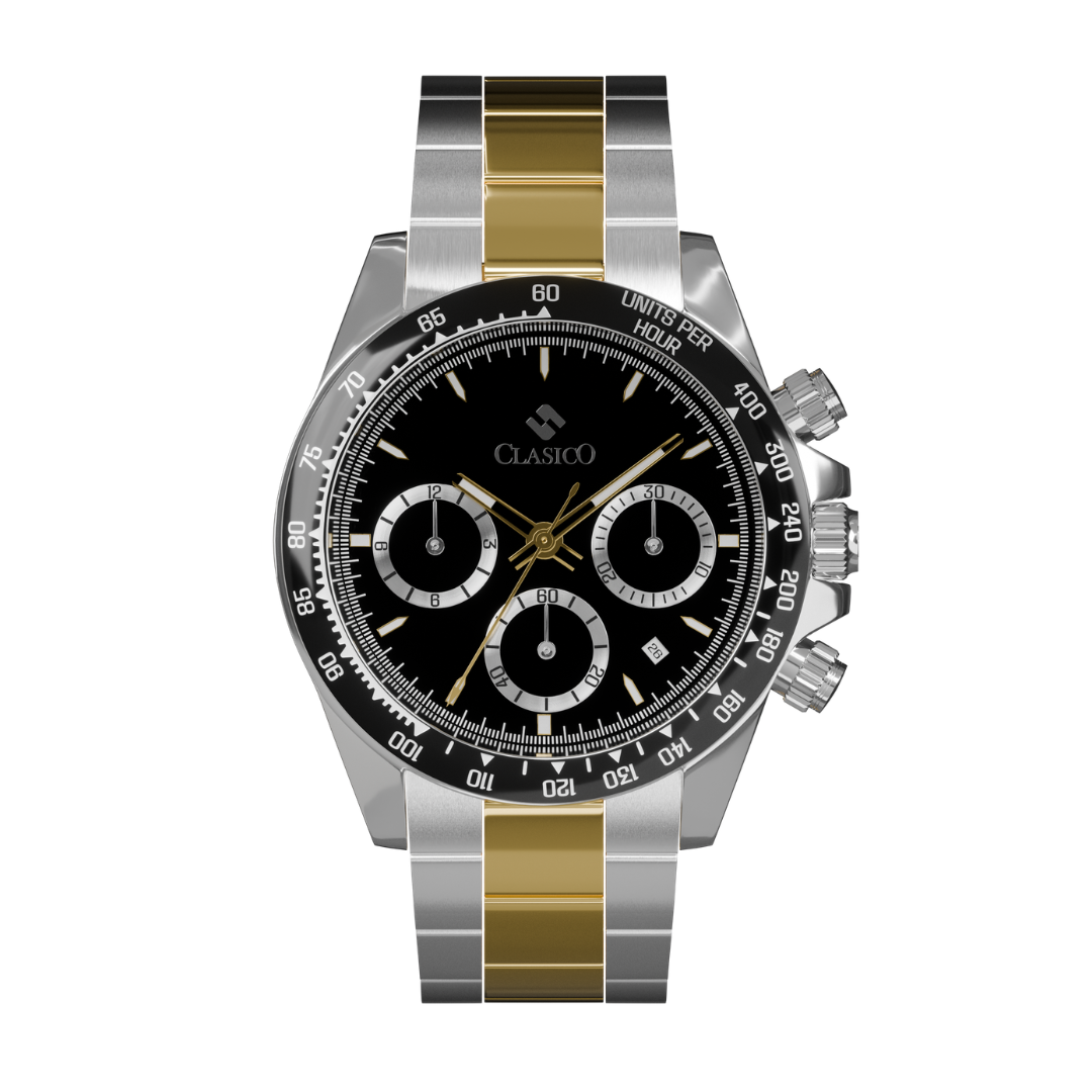Midnight Steel chronograph watch by Clasicio, featuring a black dial and two-tone stainless steel band from the Astronova Collection.