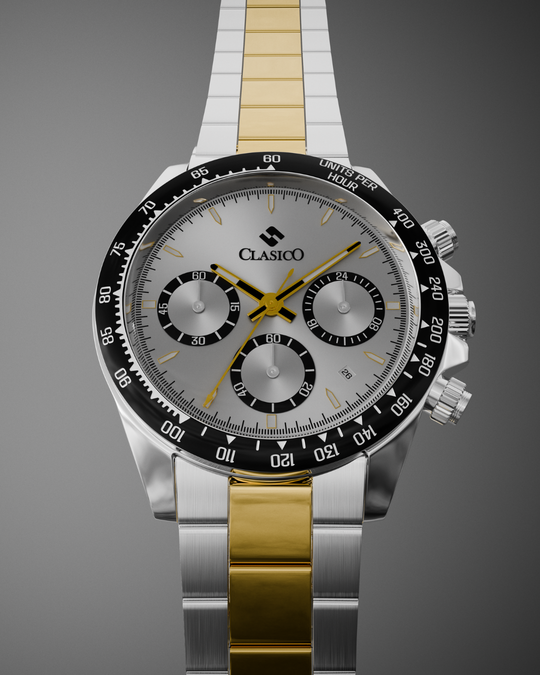 Minimalist lifestyle shot of the Midnight Axis watch by Clasicio against a deep black background for a premium, modern look.