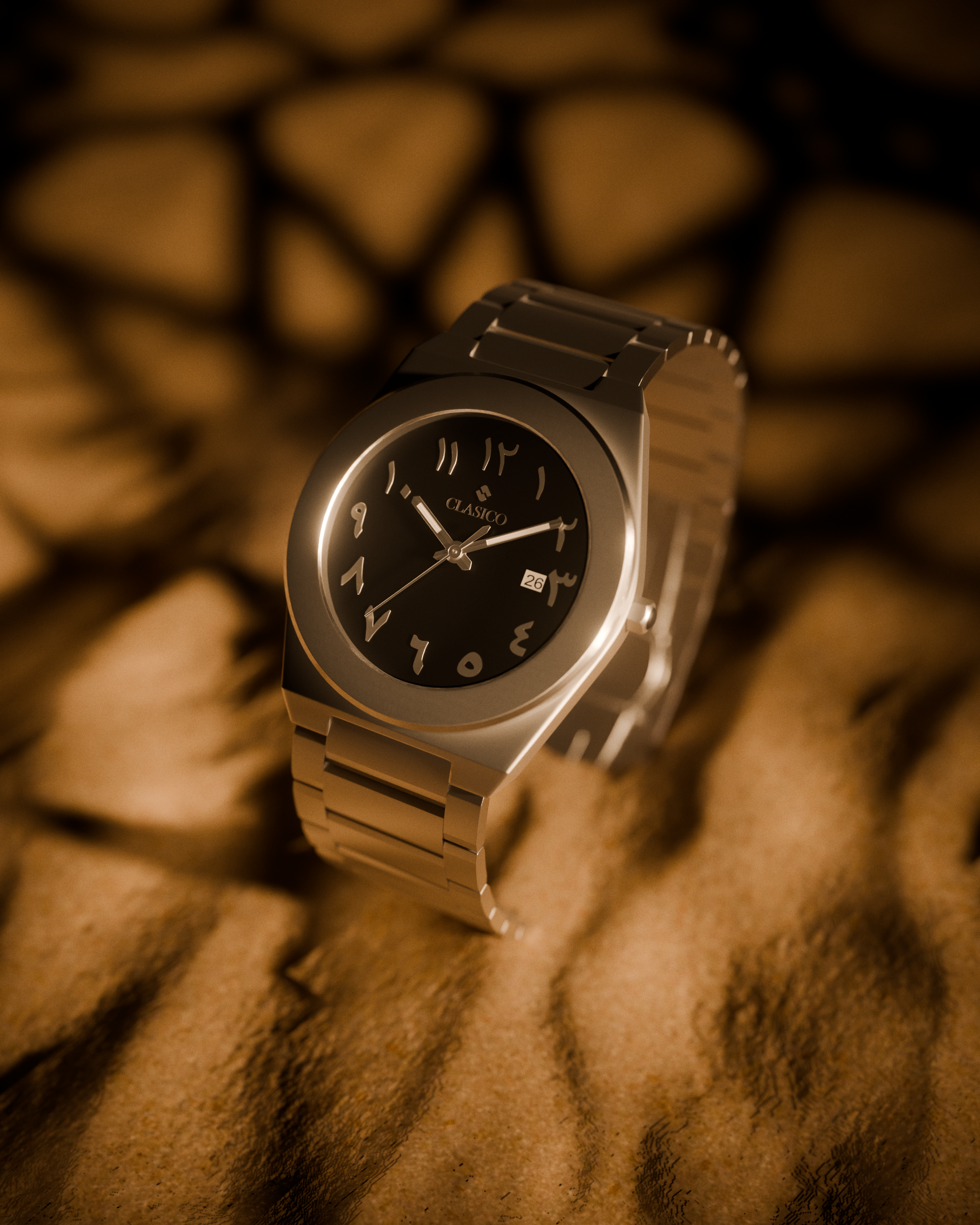 Minimalist lifestyle shot of the silver Layl watch by Clasicio against a dark, moody background for a professional luxury look.