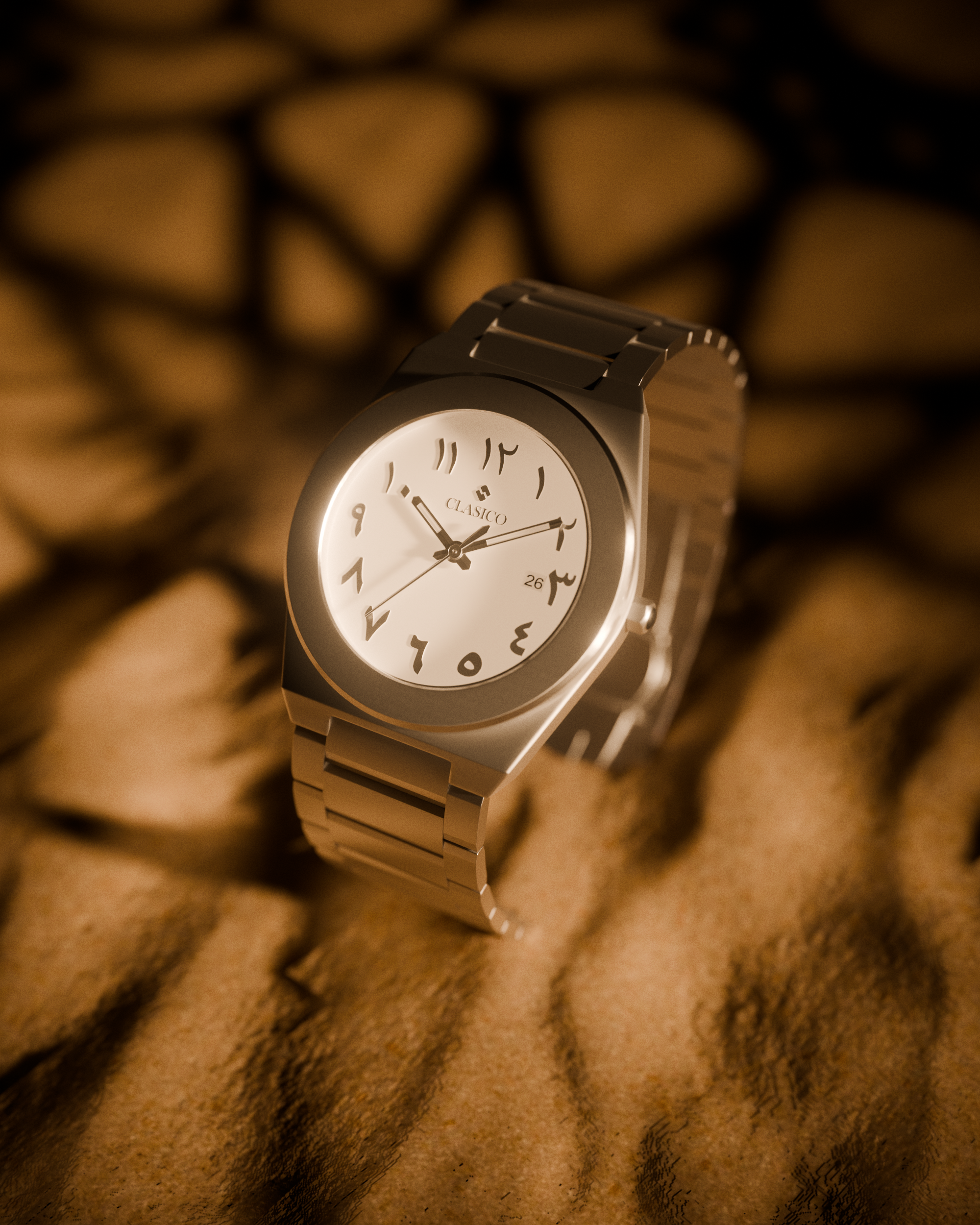Minimalist lifestyle shot of the silver Noor watch by Clasicio against a deep black background for a luxury fashion look.