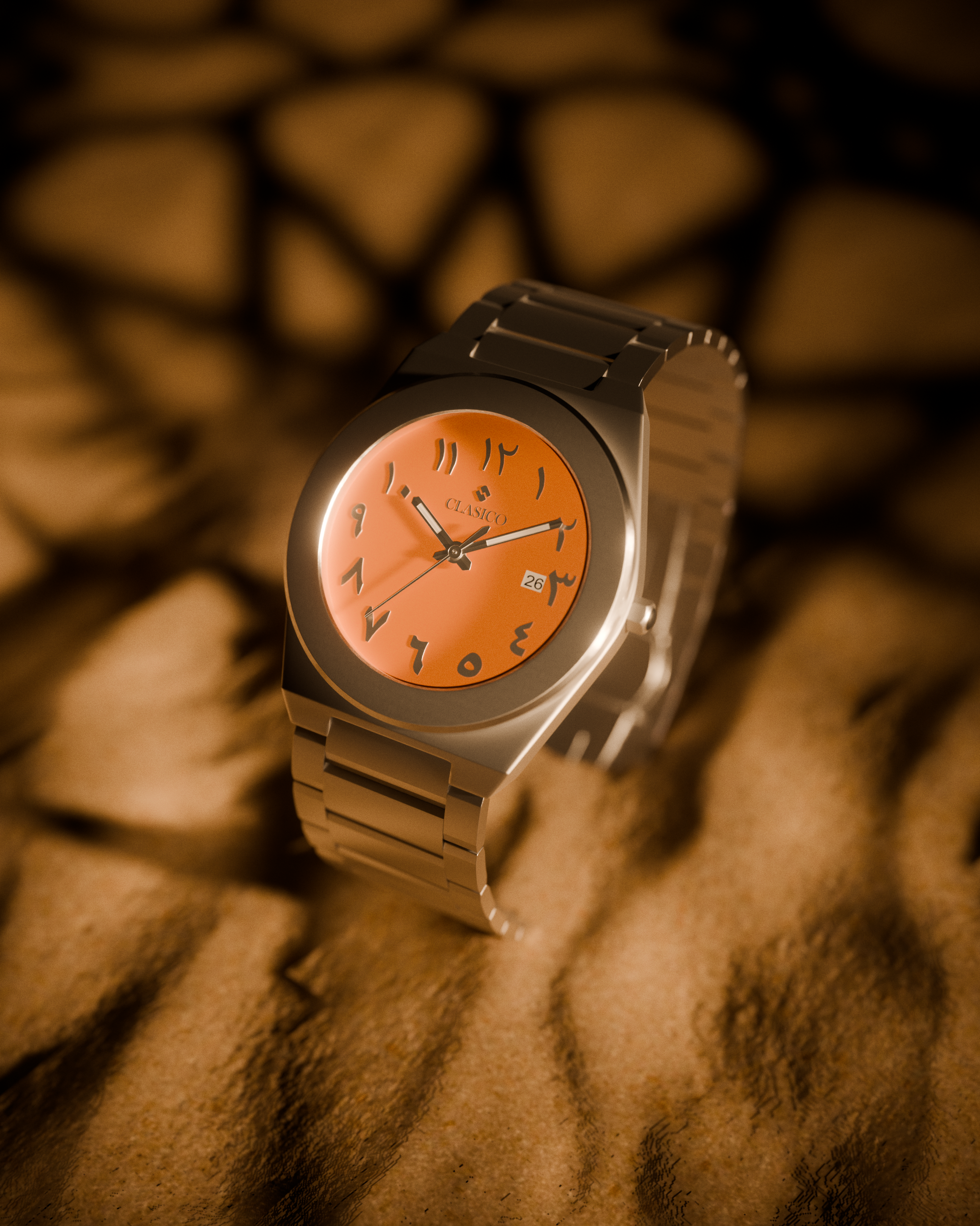 Minimalist lifestyle shot of the silver Safra watch by Clasicio against a deep black background for a high-end fashion look.