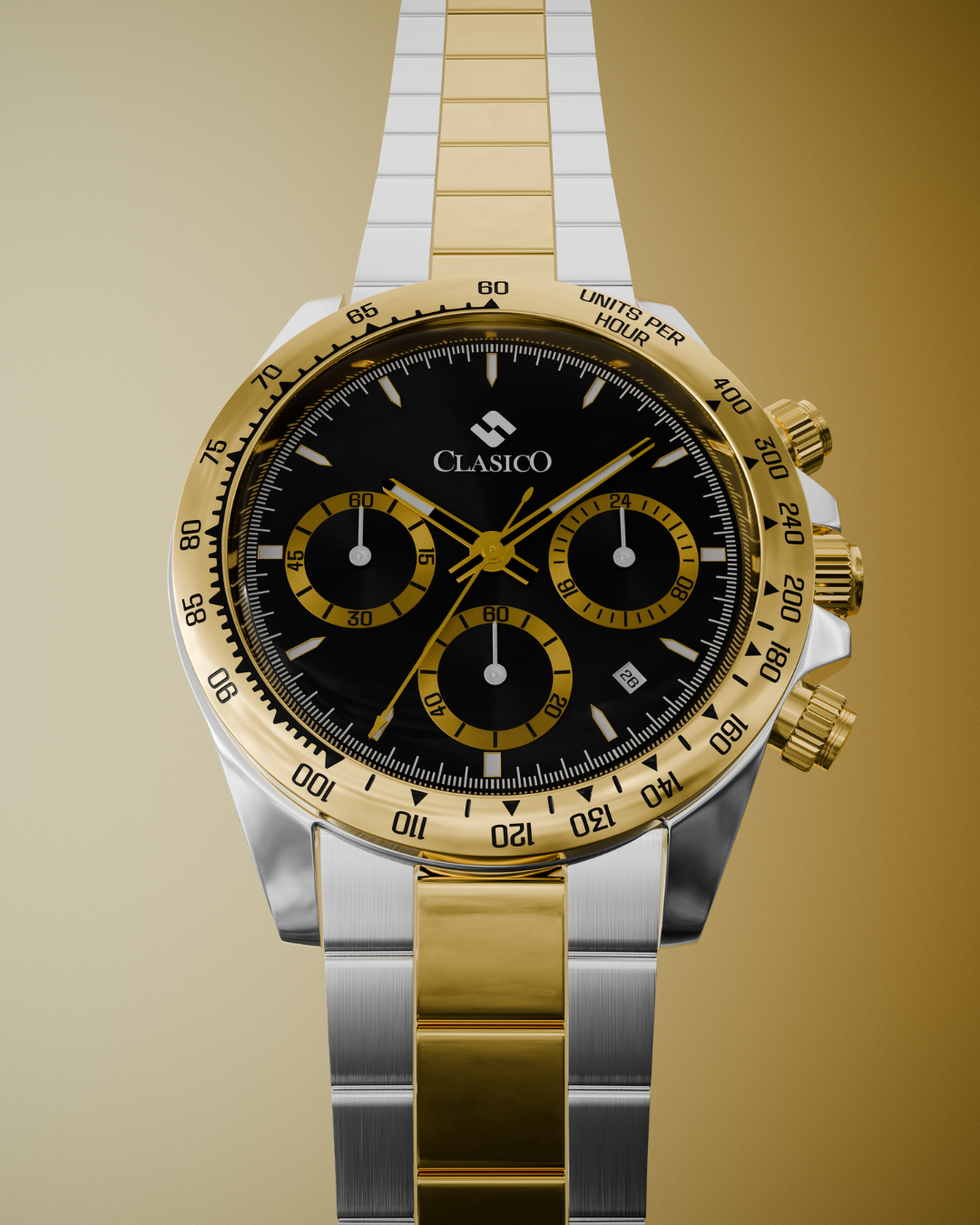 Minimalist shot of the Dynasty watch by Clasicio against a dark, low-key background for a high-end luxury aesthetic.
