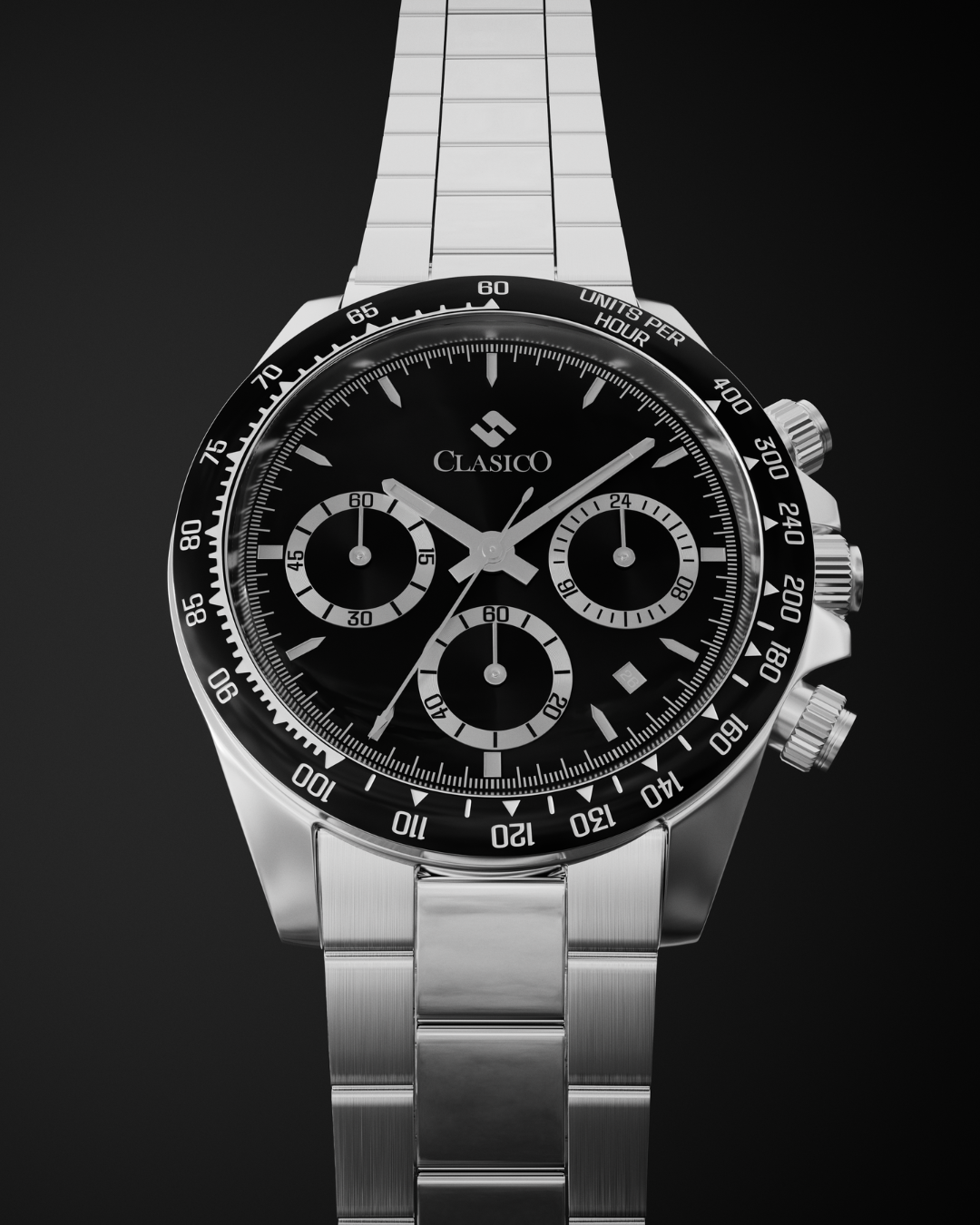 Minimalist shot of the silver Black Axis watch by Clasicio against a dark, moody background for a luxury lifestyle look.