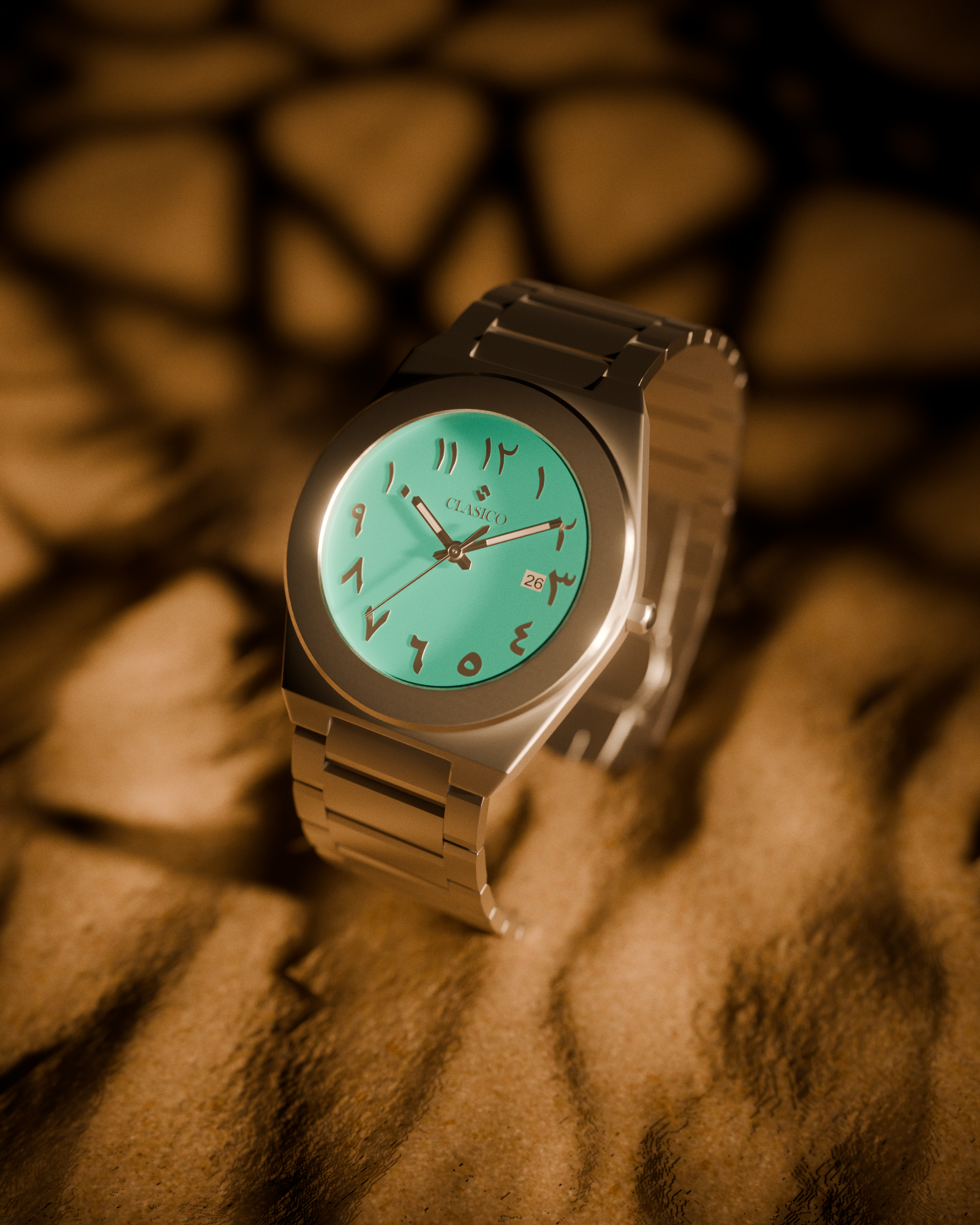 Minimalist shot of the silver Fayrouz watch by Clasicio against a deep black background for a premium, high-fashion look.