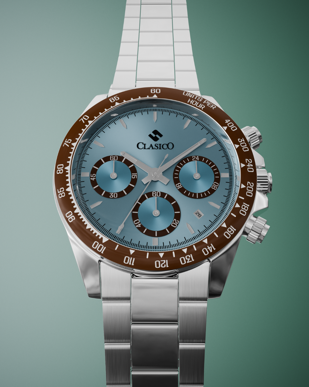 Minimalist shot of the silver and chocolate Frost Chrono watch by Clasicio against a dark, moody backdrop.