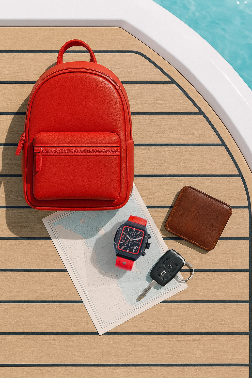 Premium Clasicio Zypher Red watch displayed in a luxury travel flat lay on a yacht deck, paired with a designer red backpack and travel essentials.