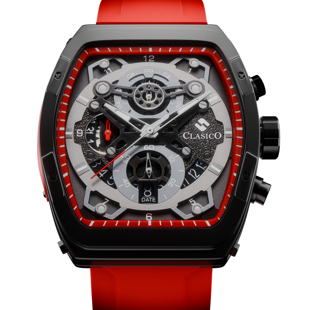 Professional reverse-angle shot of the Crimson Noire watch showcasing the premium stainless steel back cover and water-resistant construction.