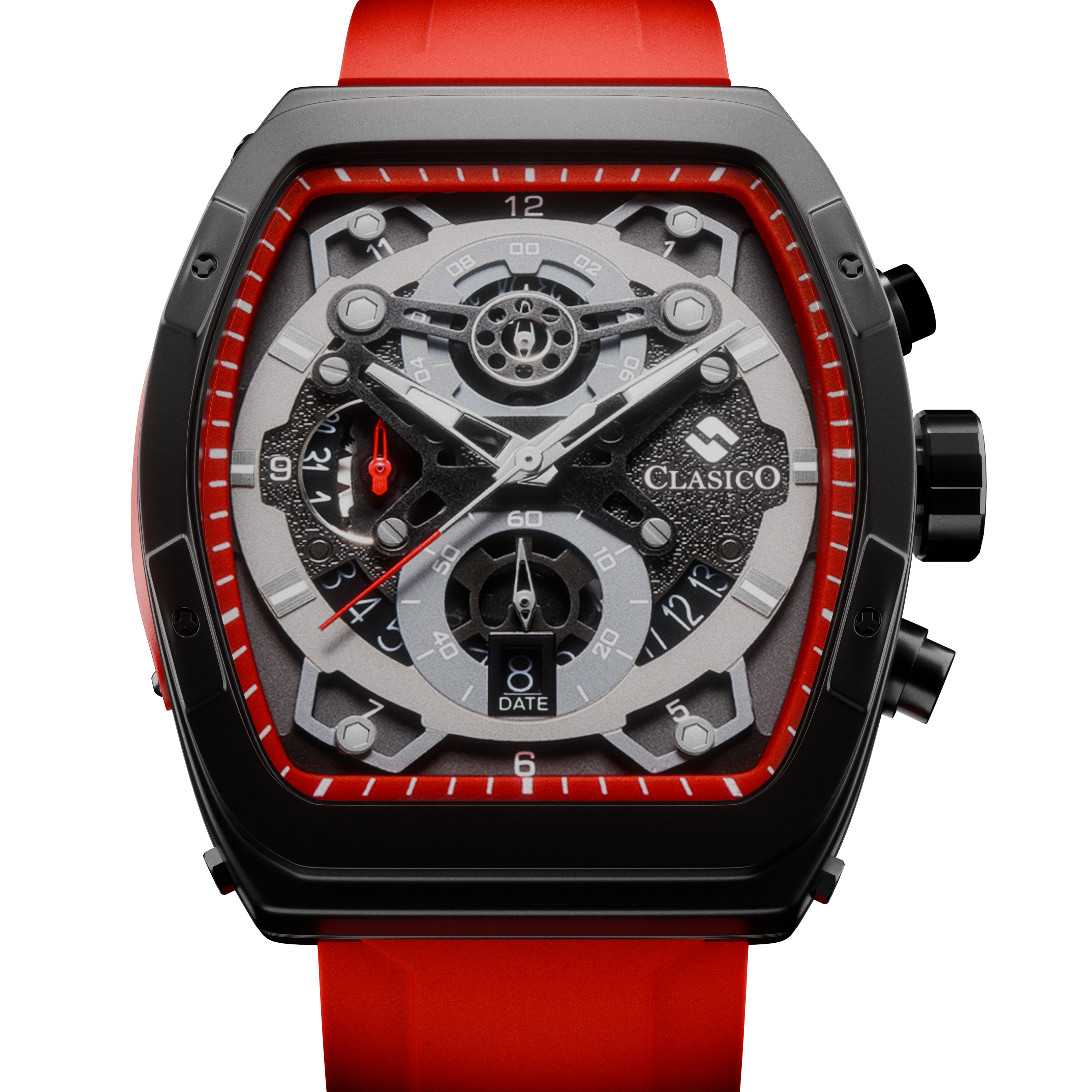 Professional reverse-angle shot of the Crimson Noire watch showcasing the premium stainless steel back cover and water-resistant construction.