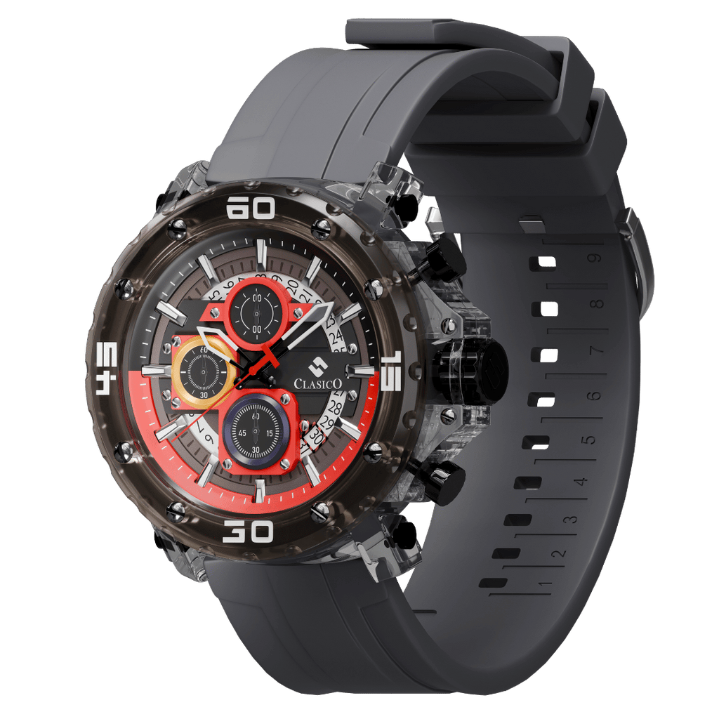 Side view of the Circuit Breaker watch by Clasicio, showcasing the industrial black case and precision quartz movement buttons.