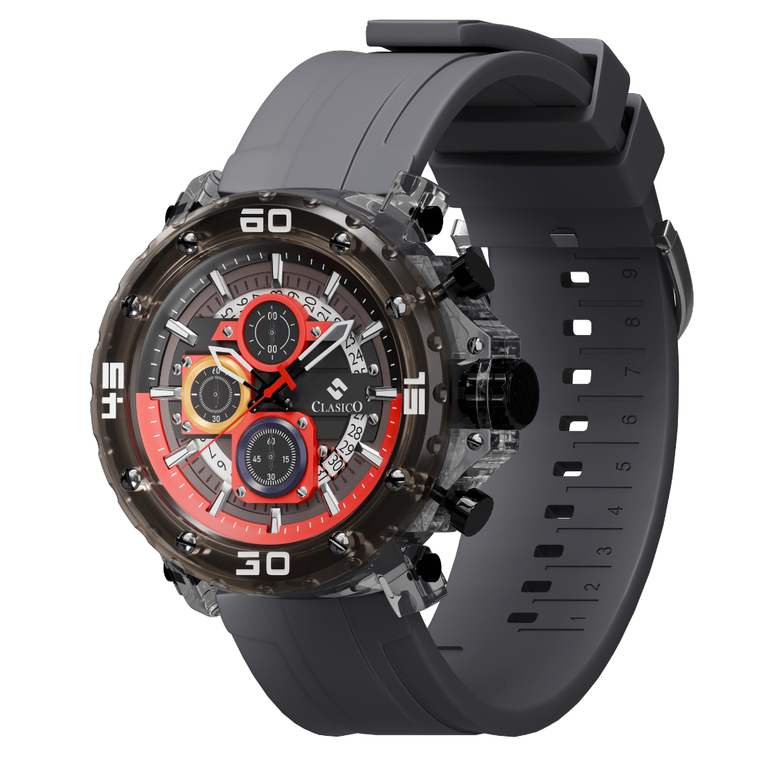 Side view of the Circuit Breaker watch by Clasicio, showcasing the industrial black case and precision quartz movement buttons.