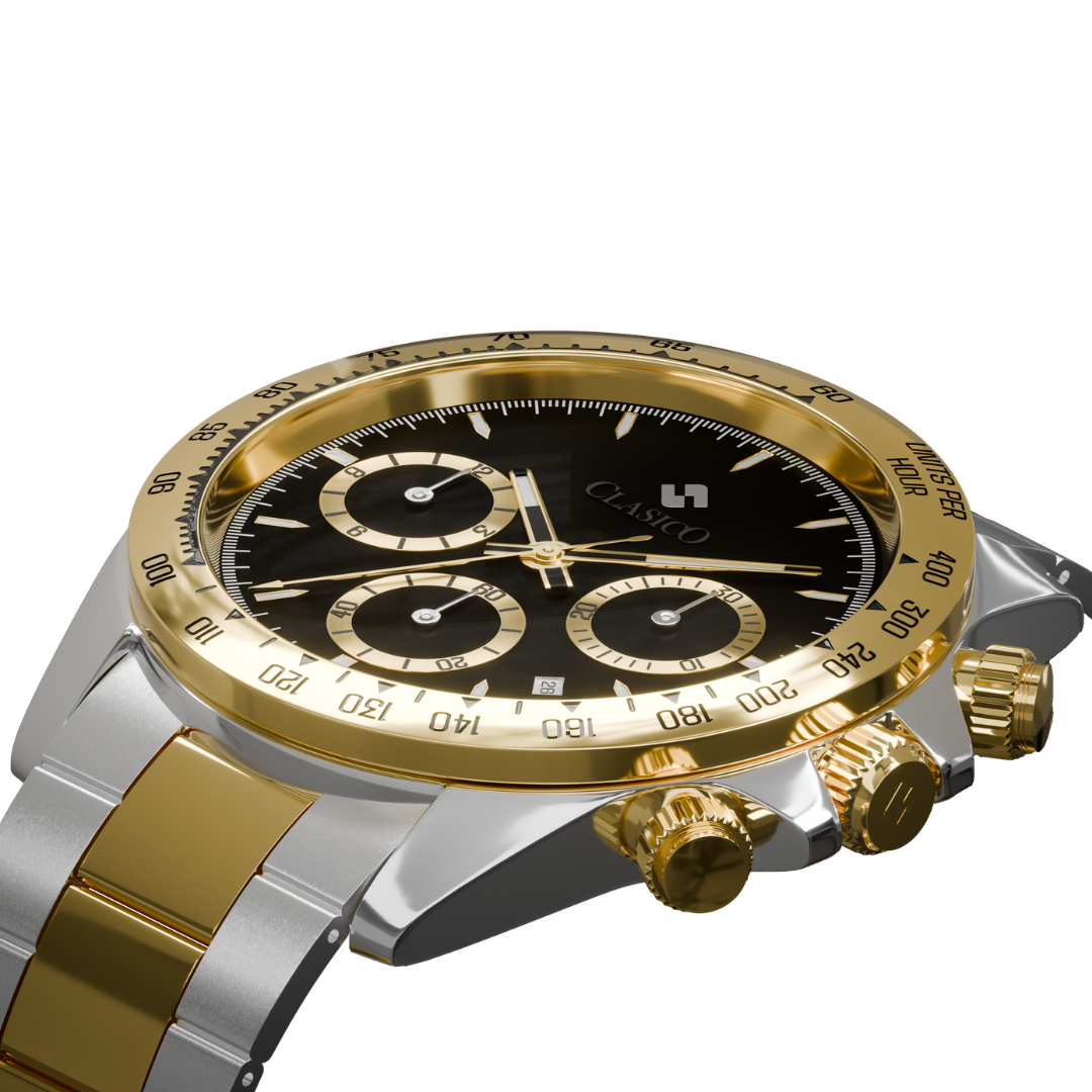 Side view of the Clasicio Dynasty watch showing the polished stainless steel case and chronograph pushers.