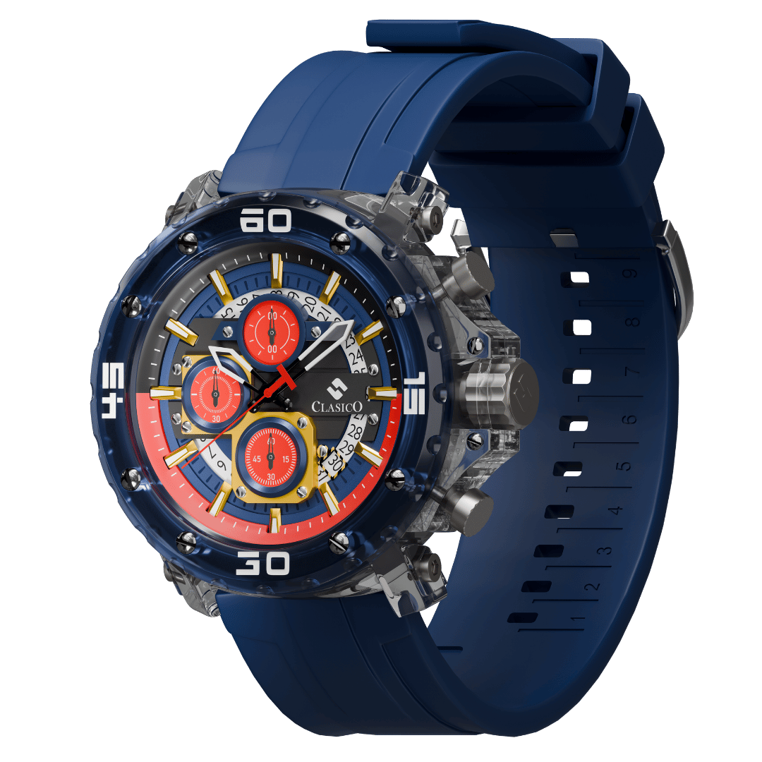Side view of the Midnight Drift watch by Clasicio, showcasing the polished alloy case and textured chronograph movement buttons.