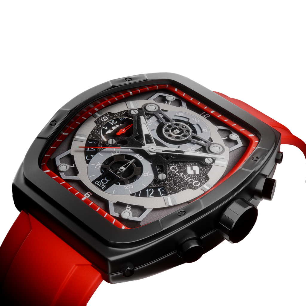 Side view of the Opulent Collection Crimson Noire by Clasicio, showcasing the polished alloy case and industrial chronograph pushers.