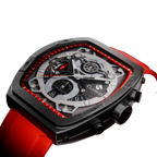 Side view of the Opulent Collection Crimson Noire by Clasicio, showcasing the polished alloy case and industrial chronograph pushers.