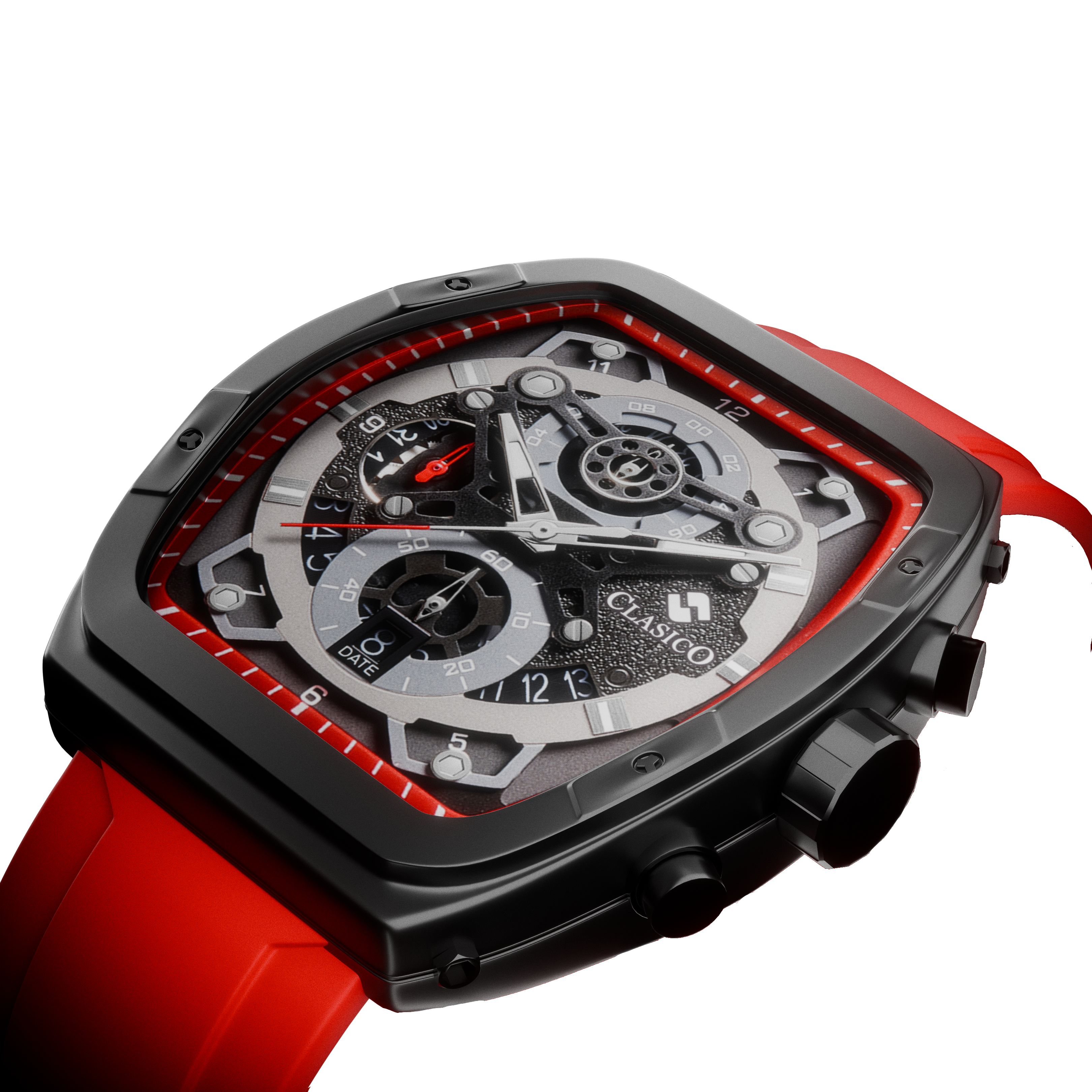 Side view of the Opulent Collection Crimson Noire by Clasicio, showcasing the polished alloy case and industrial chronograph pushers.