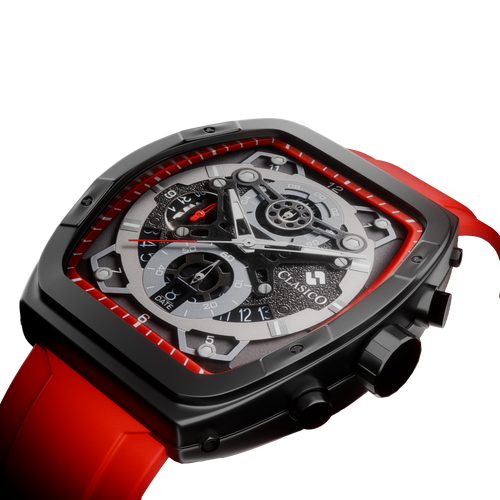Side view of the Opulent Collection Crimson Noire by Clasicio, showcasing the polished alloy case and industrial chronograph pushers.