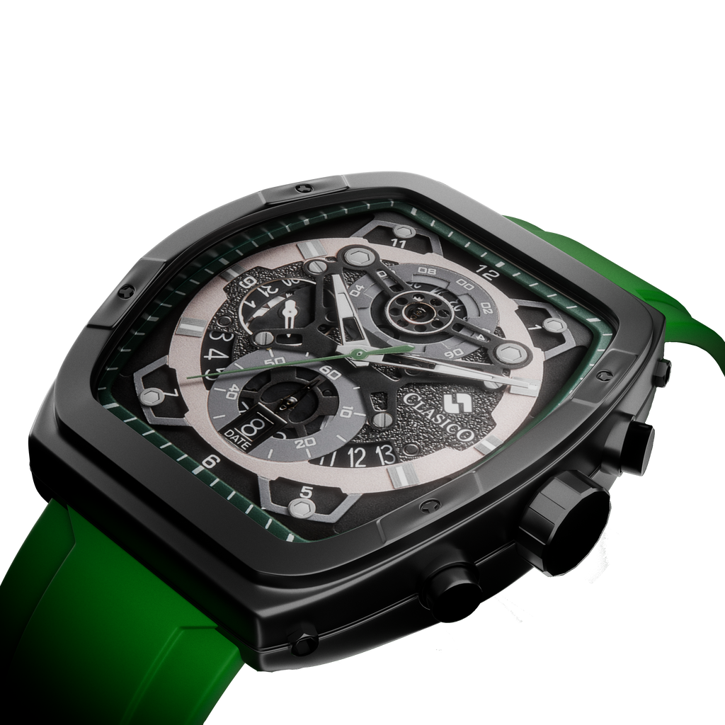 Side view of the Opulent Collection Verde Mist by Clasicio, showcasing the polished alloy square case and industrial chronograph pushers.