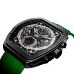 Side view of the Opulent Collection Verde Mist by Clasicio, showcasing the polished alloy square case and industrial chronograph pushers.