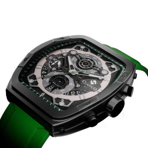 Side view of the Opulent Collection Verde Mist by Clasicio, showcasing the polished alloy square case and industrial chronograph pushers.