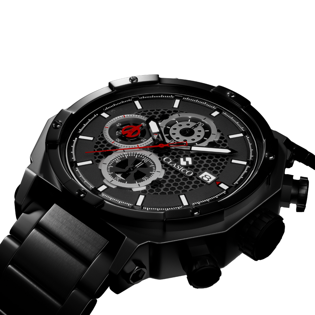 Side view of the Vortex Black watch by Clasicio, showcasing the polished obsidian-surface case and precision six-hand stopwatch movement.