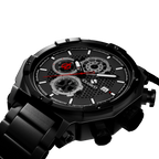 Side view of the Vortex Black watch by Clasicio, showcasing the polished obsidian-surface case and precision six-hand stopwatch movement.