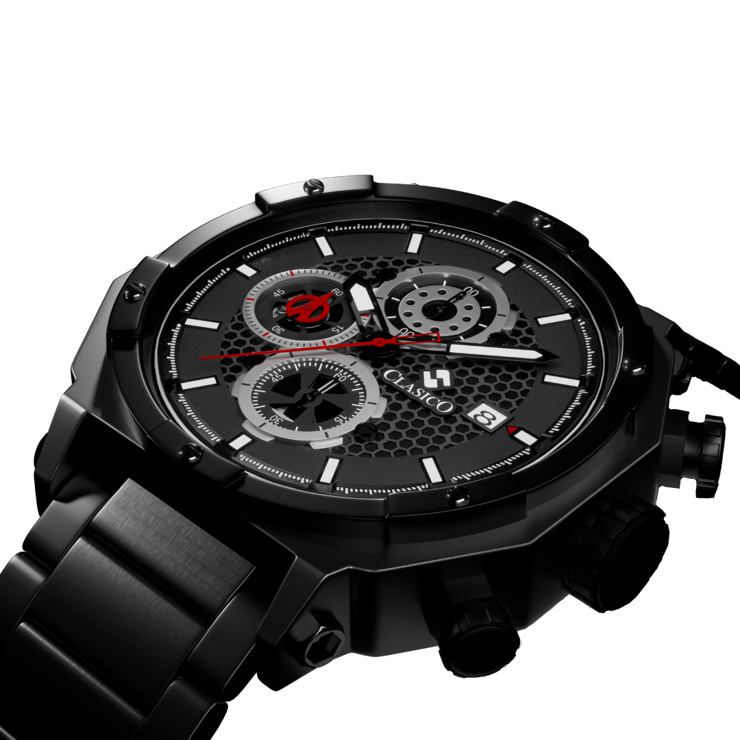 Side view of the Vortex Black watch by Clasicio, showcasing the polished obsidian-surface case and precision six-hand stopwatch movement.