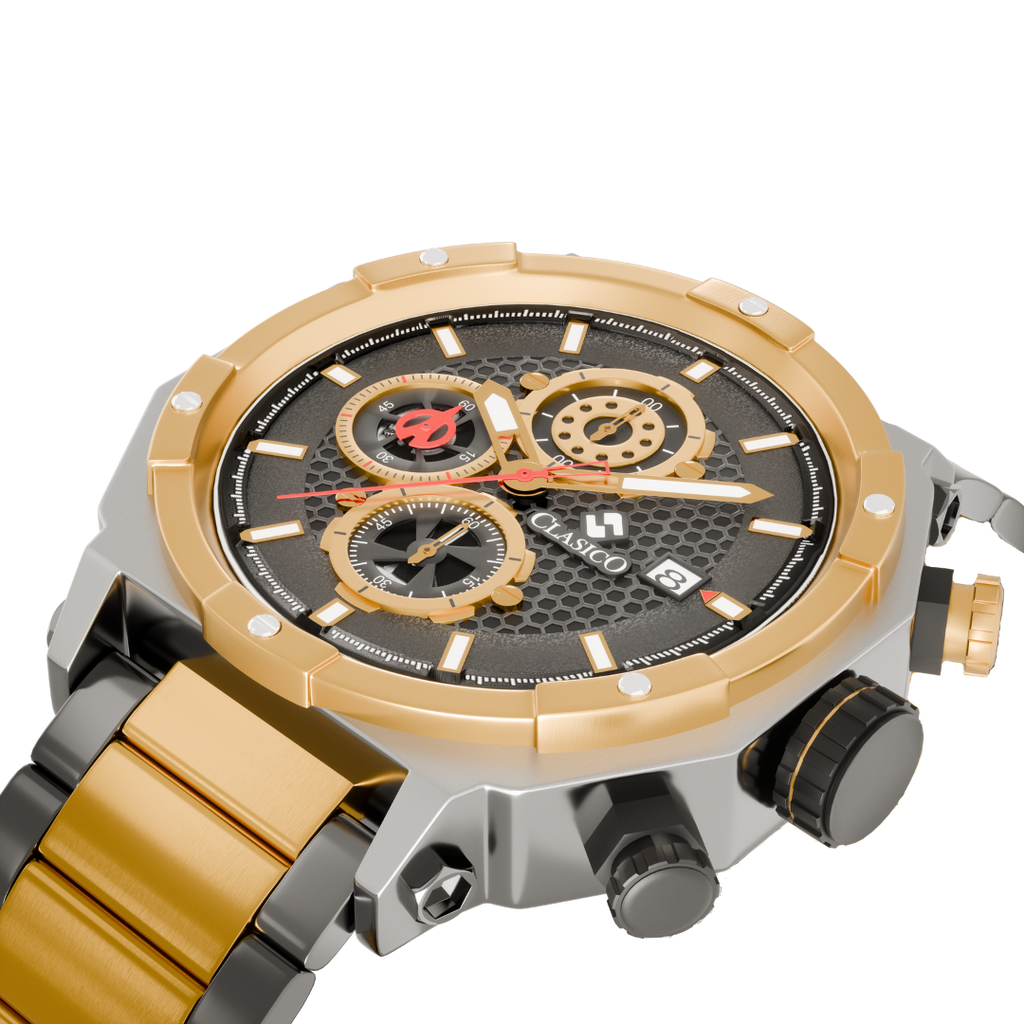 Side view of the Vortex Gold watch by Clasicio, showcasing the polished alloy case and the sophisticated six-hand chronograph movement.