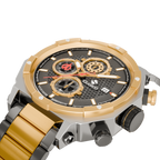 Side view of the Vortex Gold watch by Clasicio, showcasing the polished alloy case and the sophisticated six-hand chronograph movement.