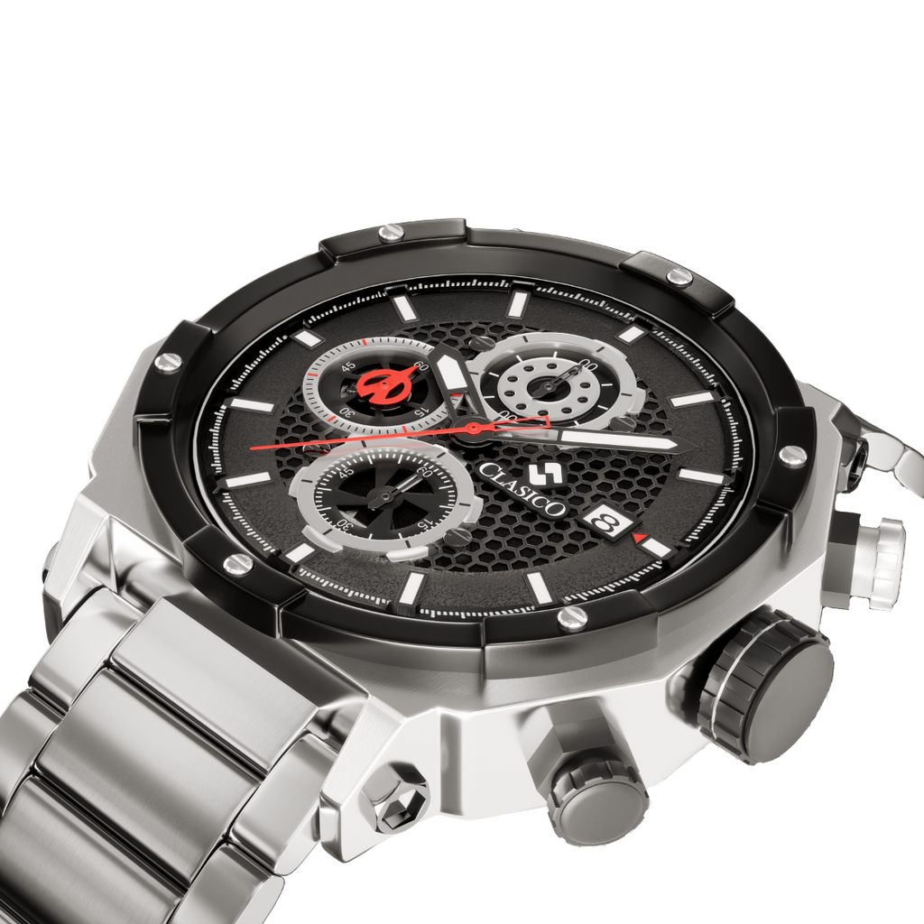 Side view of the Vortex Silver watch by Clasicio, showcasing the polished alloy case and precise six-hand stopwatch movement.