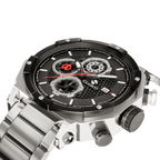 Side view of the Vortex Silver watch by Clasicio, showcasing the polished alloy case and precise six-hand stopwatch movement.