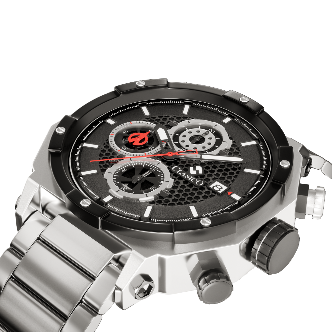 Side view of the Vortex Silver watch by Clasicio, showcasing the polished alloy case and precise six-hand stopwatch movement.
