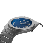 Silver Bahr watch by Clasicio from the Dawr Collection, showcasing the integrated bracelet and date display window.