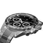 Silver Clasicio Black Axis watch featuring a premium stainless steel back cover and Elite Y121 caliber movement.