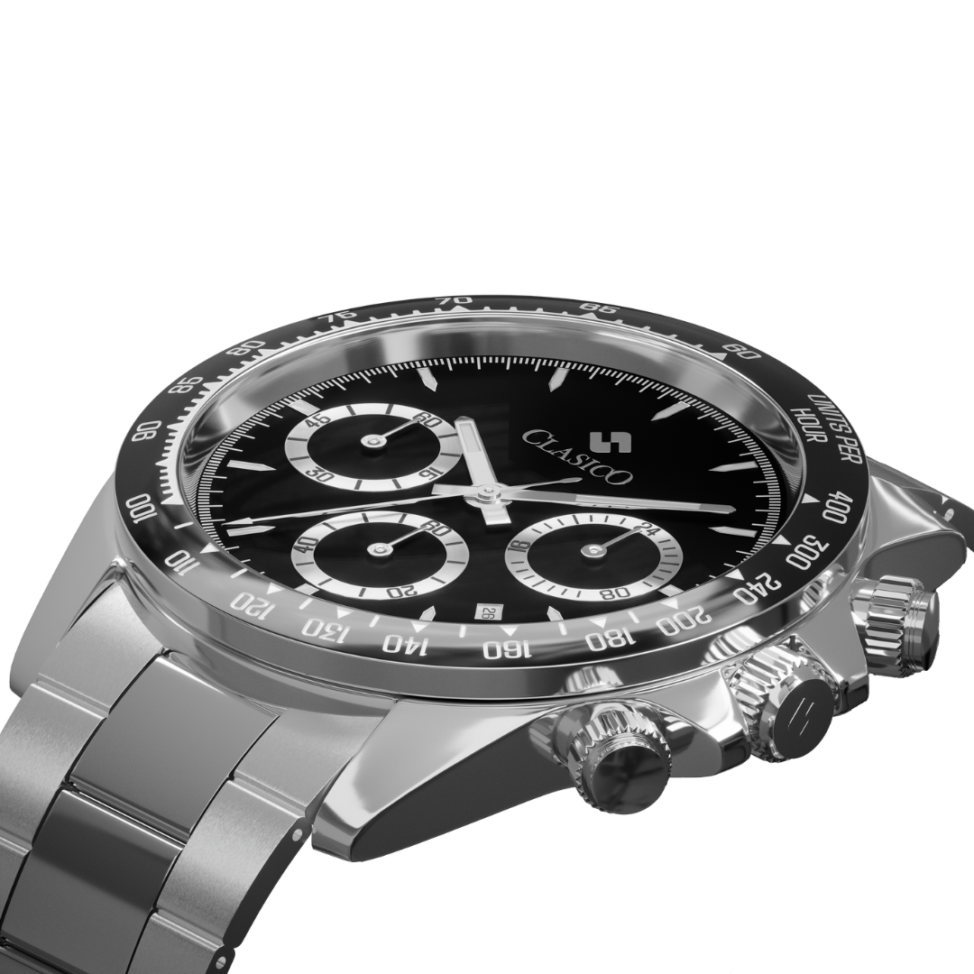 Silver Clasicio Black Axis watch featuring a premium stainless steel back cover and Elite Y121 caliber movement.