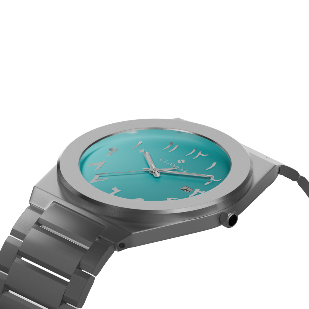 Silver Clasicio Fayrouz watch from the Dawr Collection showing the integrated bracelet and date window.