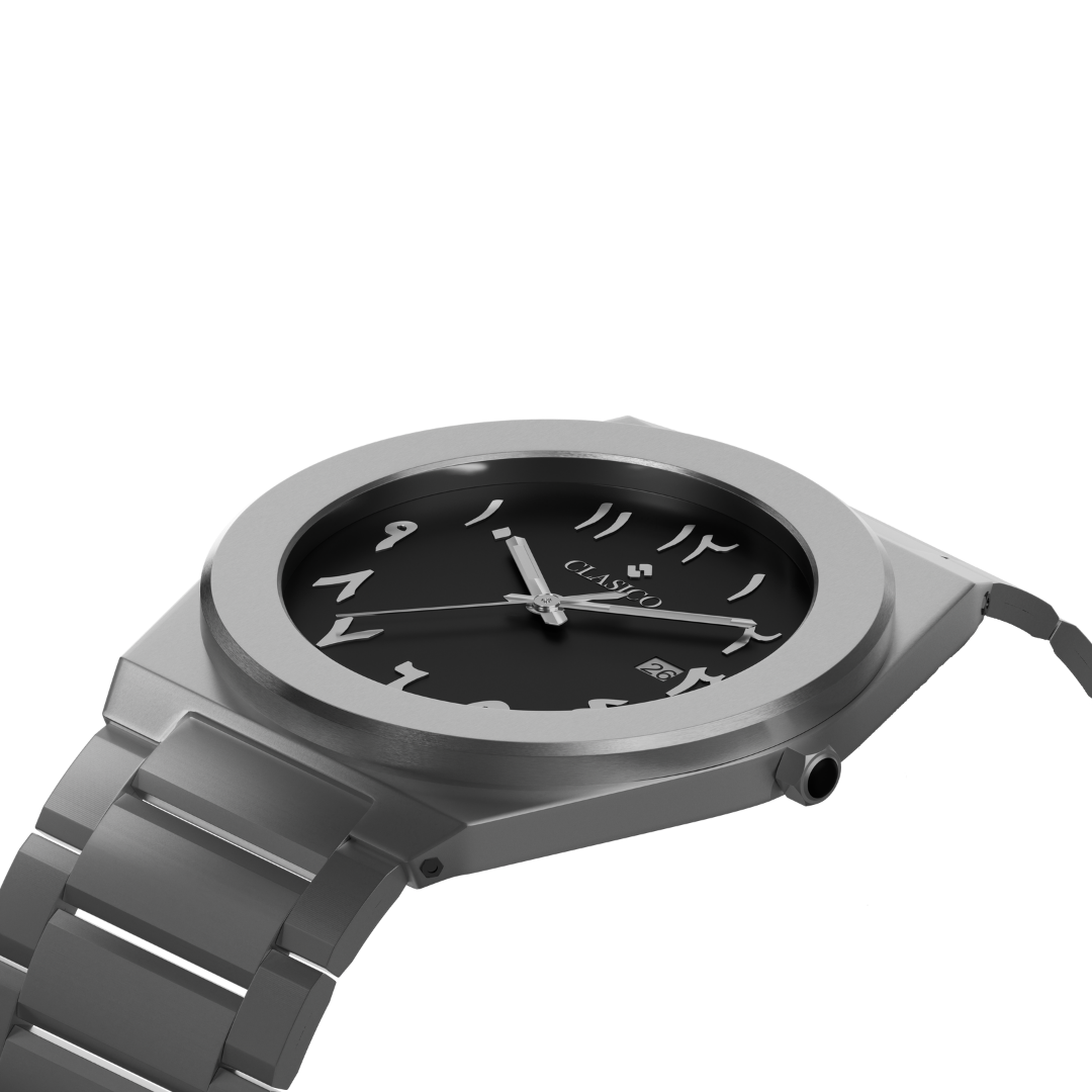 Silver Layl watch by Clasicio from the Dawr Collection, showcasing the seamless integrated bracelet and date window.