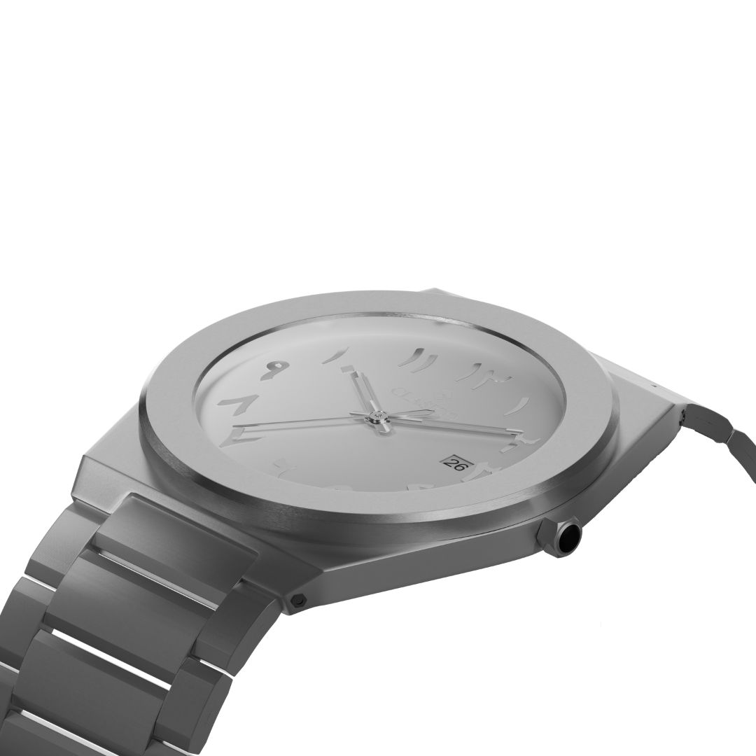 Silver Noor watch by Clasicio from the Dawr Collection, showing the sophisticated brushed metal finish and date window.