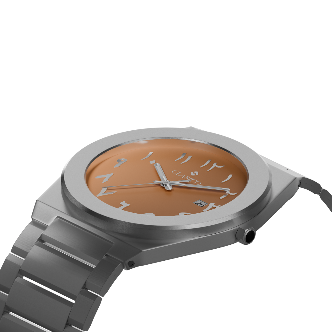 Silver Safra watch by Clasicio from the Dawr Collection, showcasing the brushed stainless steel finish and date window.