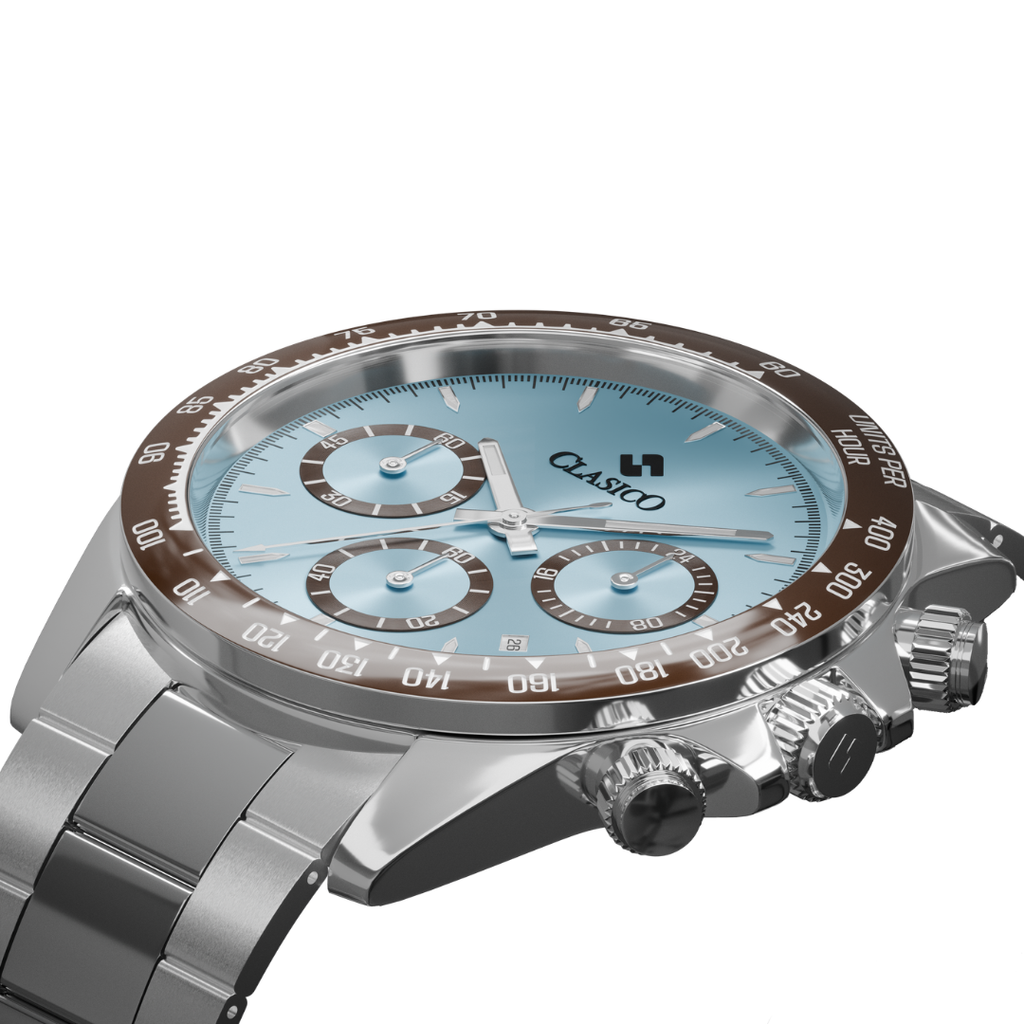 Silver stainless steel Frost Chrono watch by Clasicio with Elite Y121 caliber stopwatch movement.