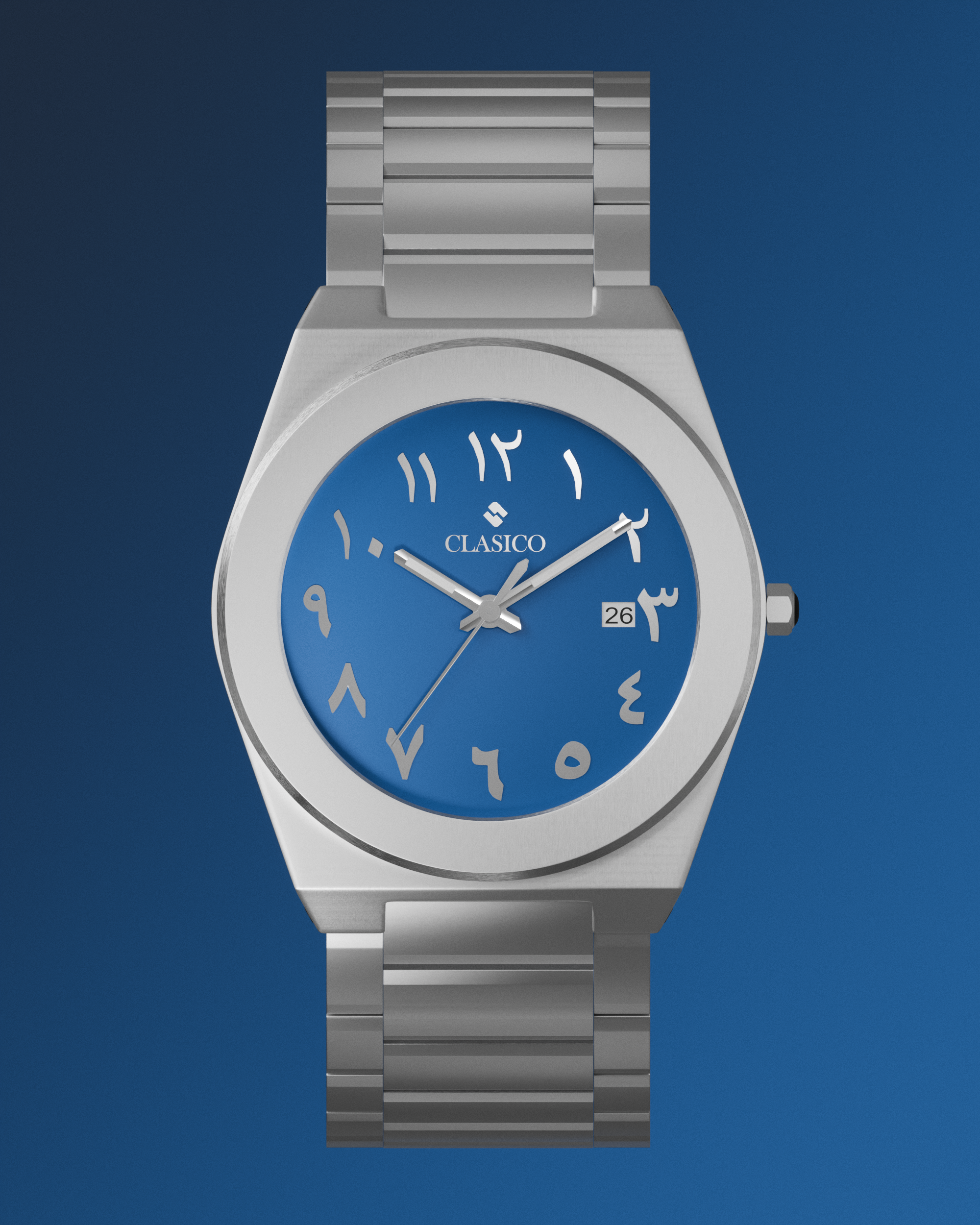 The Clasicio Bahr blue dial watch displayed on a sleek black ground, emphasizing its premium metallic finish and cultural design.