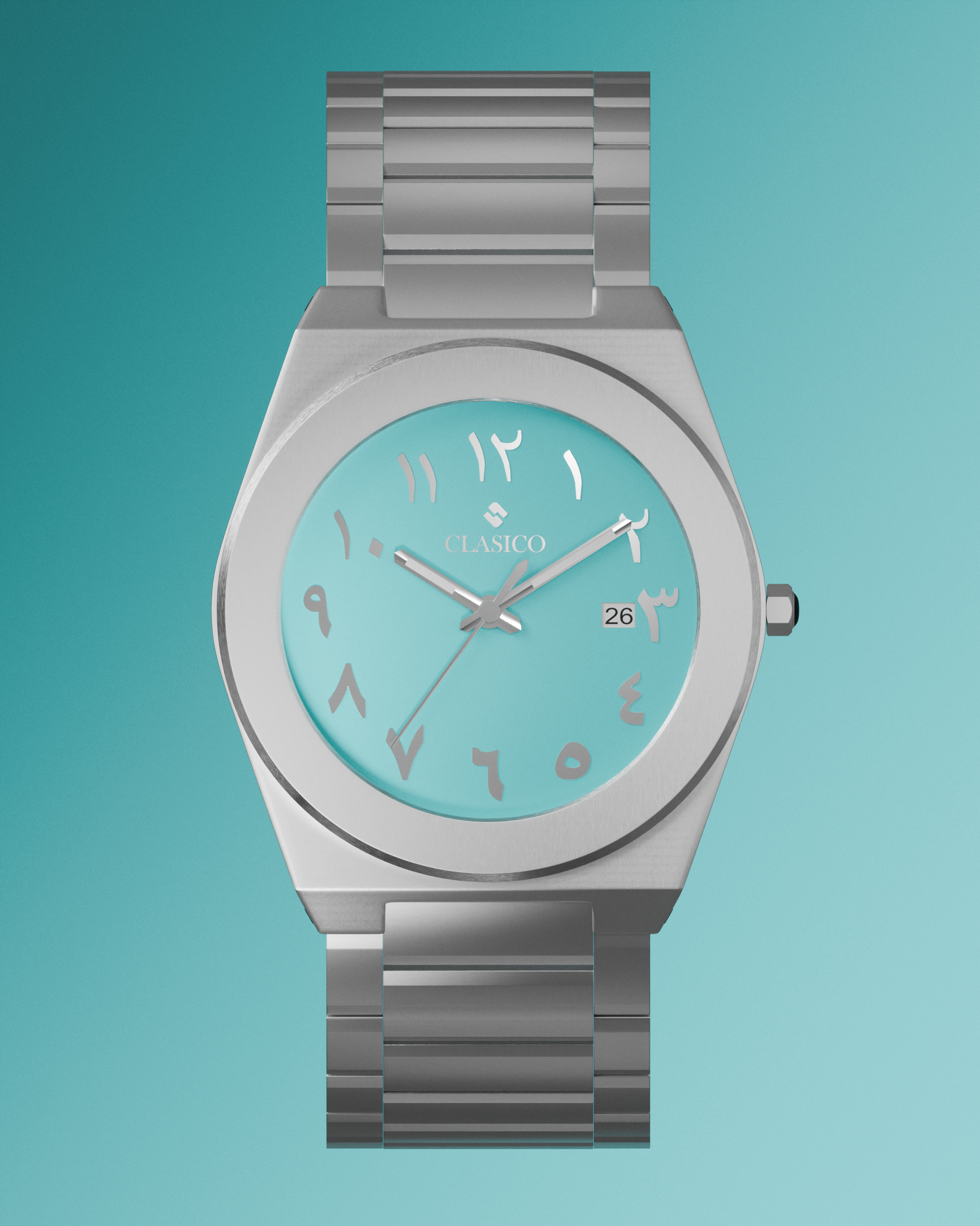 The Clasicio Fayrouz turquoise dial watch displayed on a sleek black ground, emphasizing its vibrant Middle Eastern-inspired design.