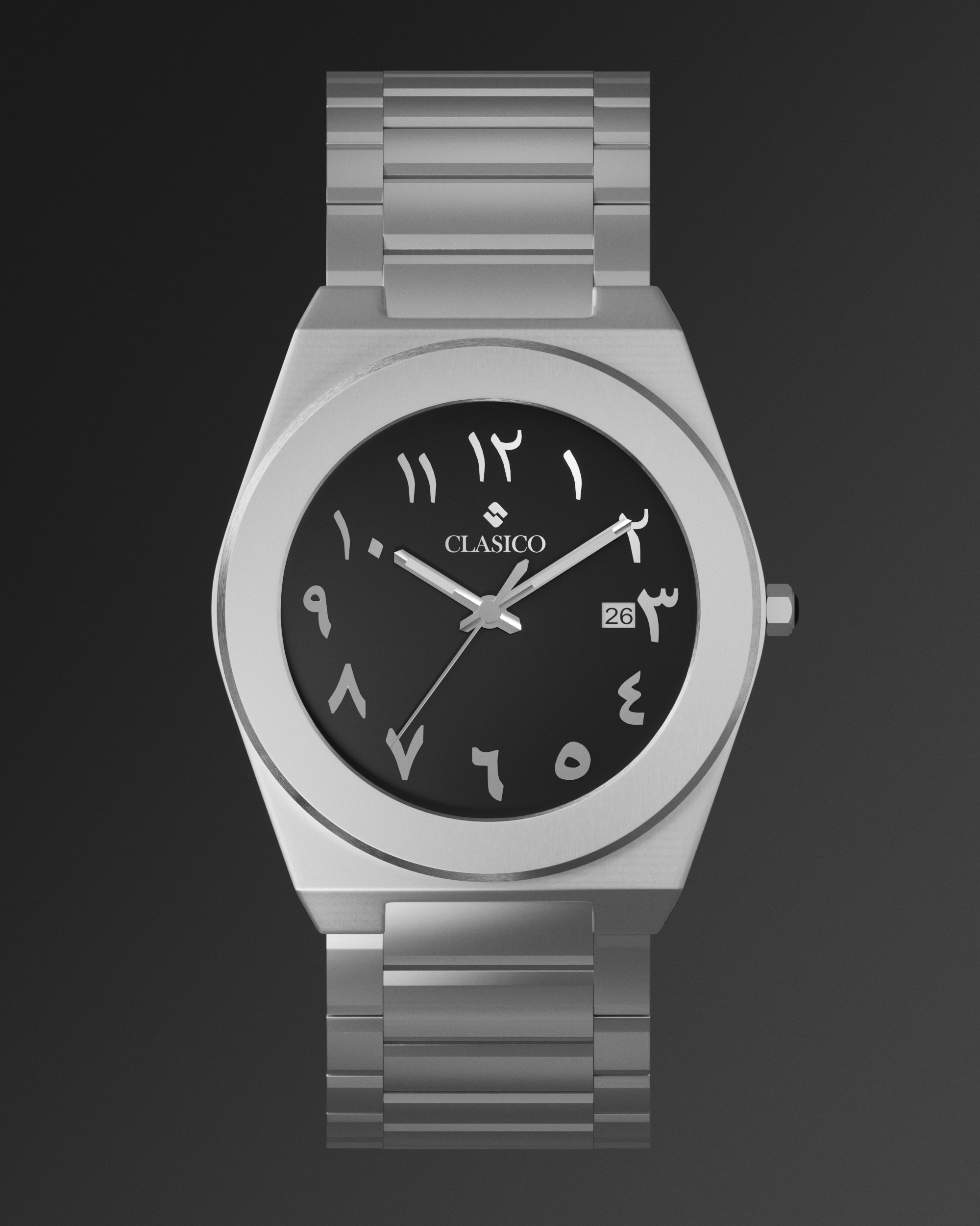 The Clasicio Layl black dial watch resting on a sleek black ground, highlighting the silver accents and premium craftsmanship.
