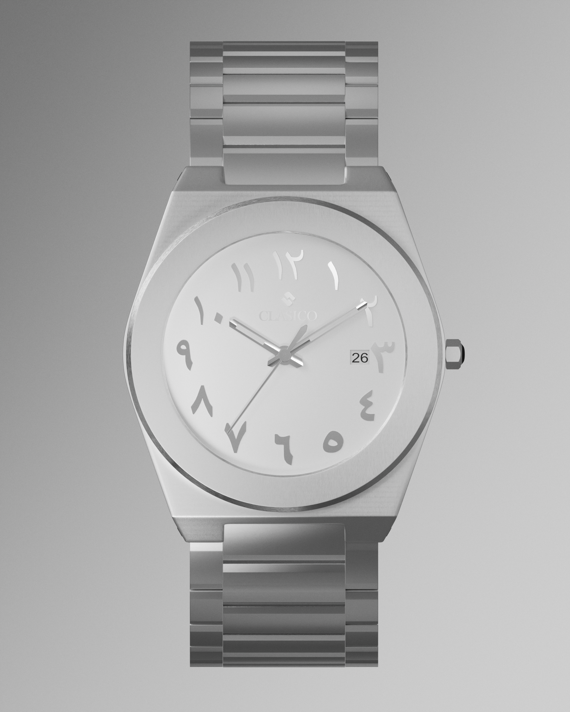 The Clasicio Noor white dial watch showcased on a sleek black ground, emphasizing its brilliant metallic shine.