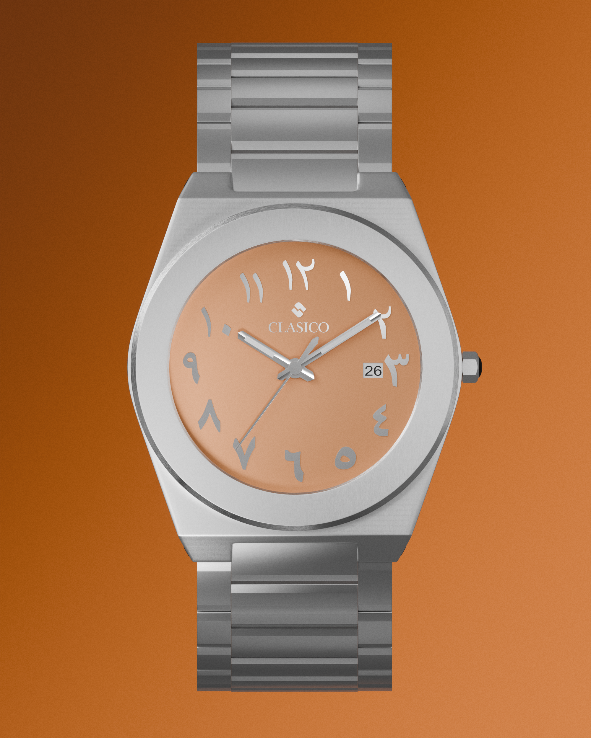 The Clasicio Safra peach dial watch displayed on a sleek black ground, emphasizing its unique color and premium metallic shine.
