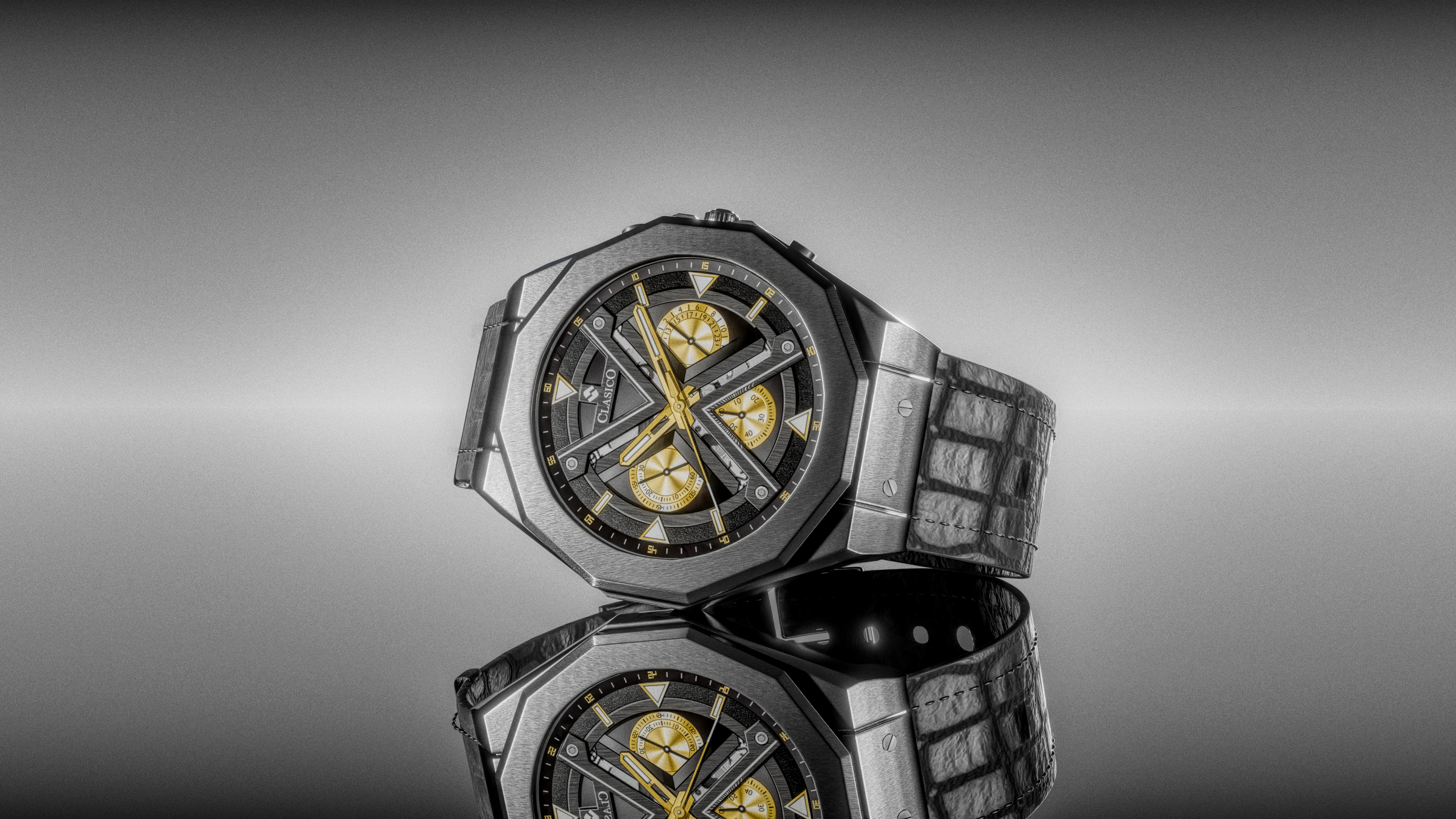 The Clasico Grandeur Collection features premium chronograph watches with a unique "X-frame" skeleton dial design, 42mm alloy cases, and high-quality alligator-style leather straps for a sophisticated executive aesthetic.