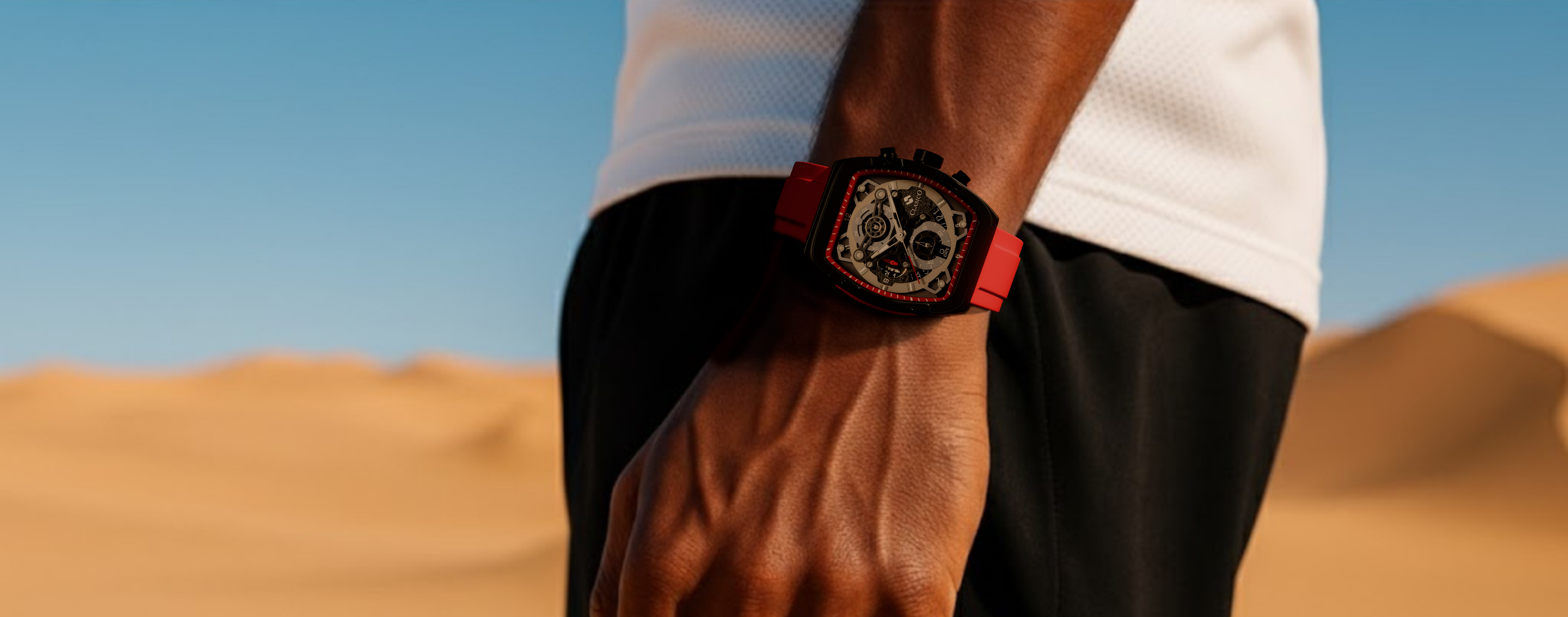 The Clasico Opulent Collection features high-performance square-case chronograph watches with vibrant crimson red and carbon black accents, 3 ATM water resistance, and a sophisticated six-hand movement for a bold executive statement.