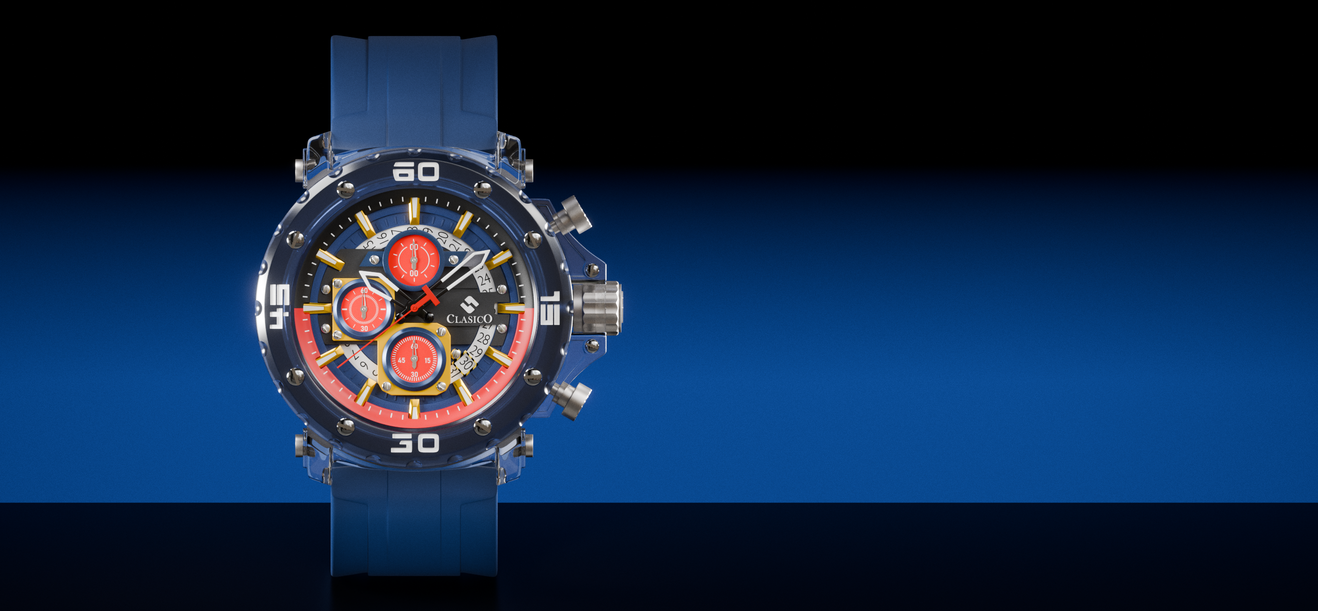 The Clasico Osedian Collection features a sophisticated gold-tone chronograph watch with a minimalist black dial and matching black silicone strap, presented in a high-end professional setting to highlight its polished industrial design.